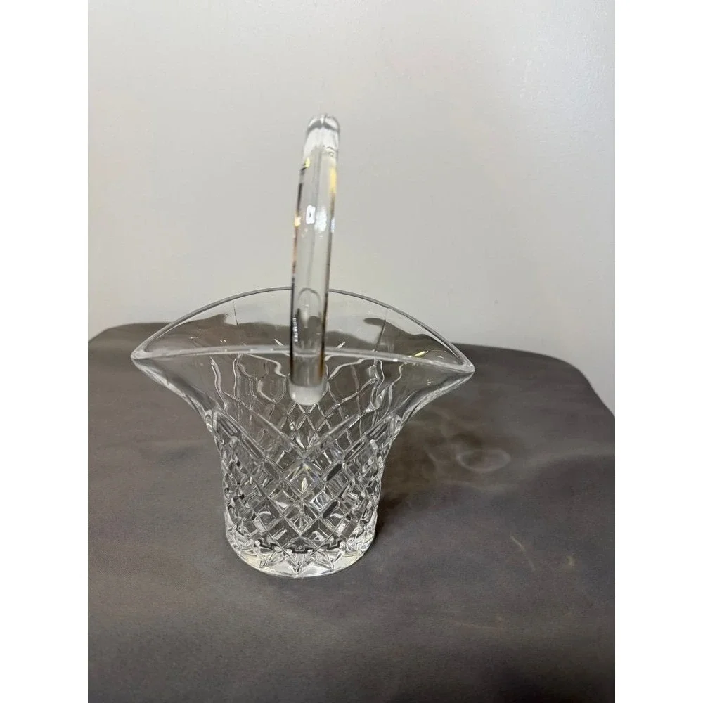 Vintage Crystal Basket Vase Cut Glass Diamond Pattern Handled Vase Elegant Decor
